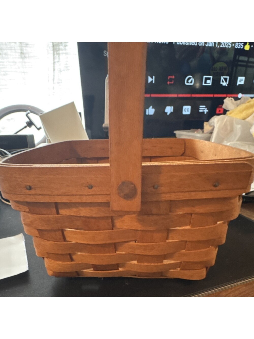 Longaberger Handwoven Wood Storage Basket 1992 Brown Rectangle Handle